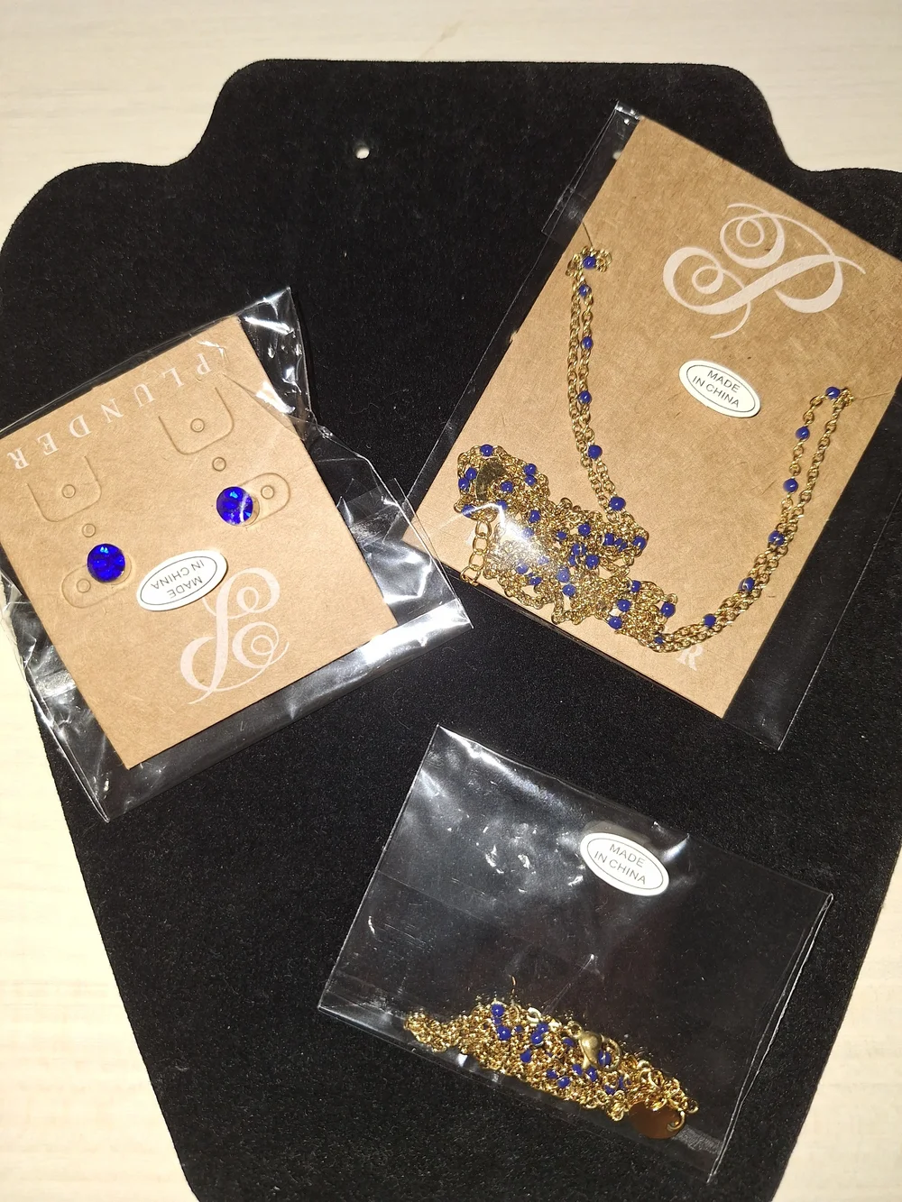Plunder Gold Double Chain Necklace, Bracelet and Royal Blue Bead Earrings Set